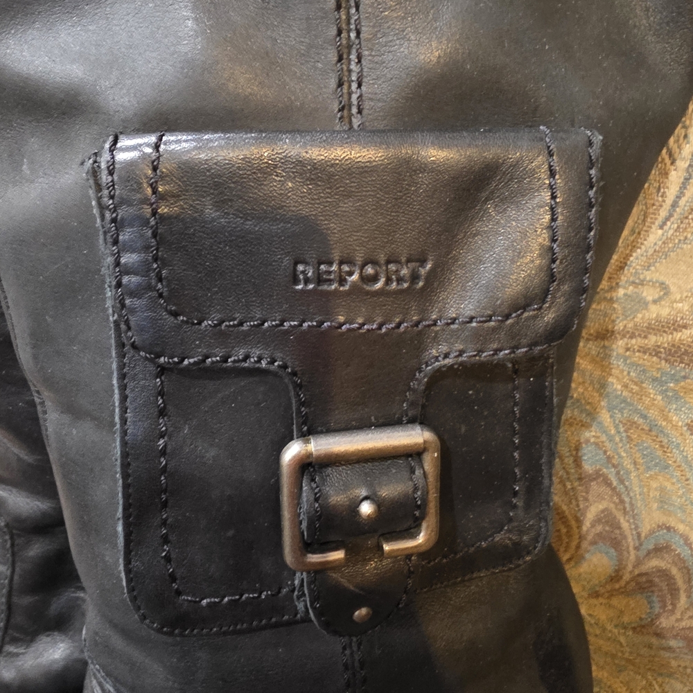 Report Black Leather Mid-Calf Heeled Riding Boots with Buckle Pocket - Picture 2 of 8